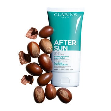 Clarins After Sun balm surrounded by shea nuts.