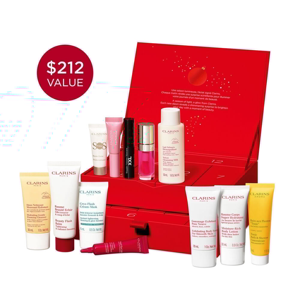 Packshot af Clarins’ 12 Days Beauty julekalender med uundværlige produkter til din daglige hudpleje- og skønhedsrutine