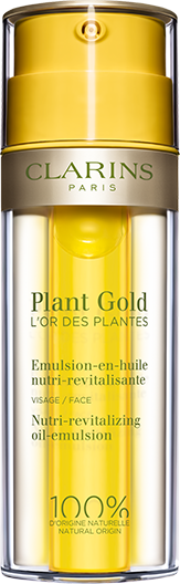 Plant Gold Nutri-Revitalizing Oil-Emulsion in front of oil and lotion textures