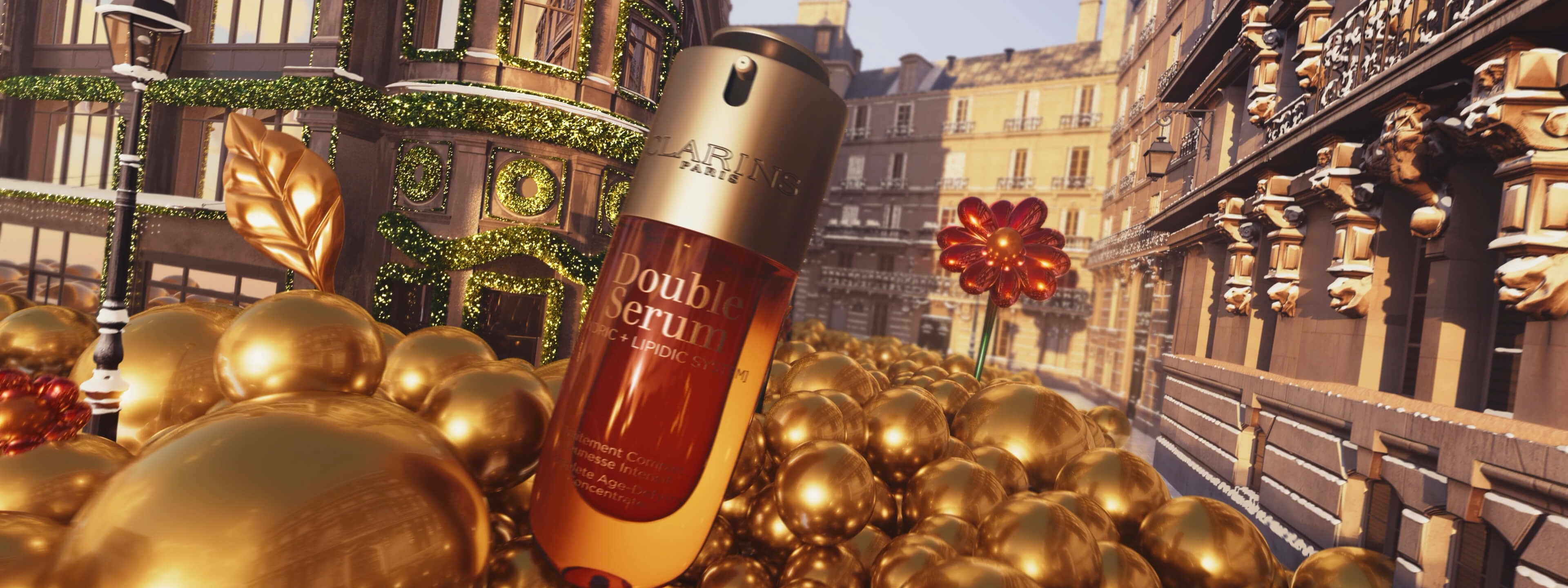 Extract of the Holiday video campaign 2025 of Clarins, showing a skier sliding down a Christmas tree filled with Clarins products.