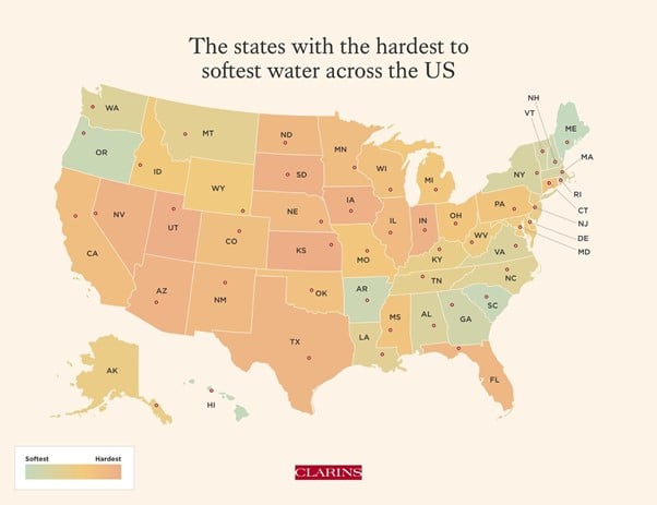 Map of USA highlighting states with the hardest to softest water