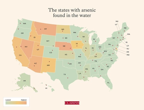 Map of USA highlighting states with arsenic found in the water