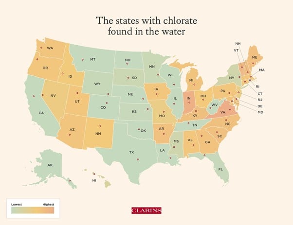 Map of USA highlighting states with chlorate found in the water